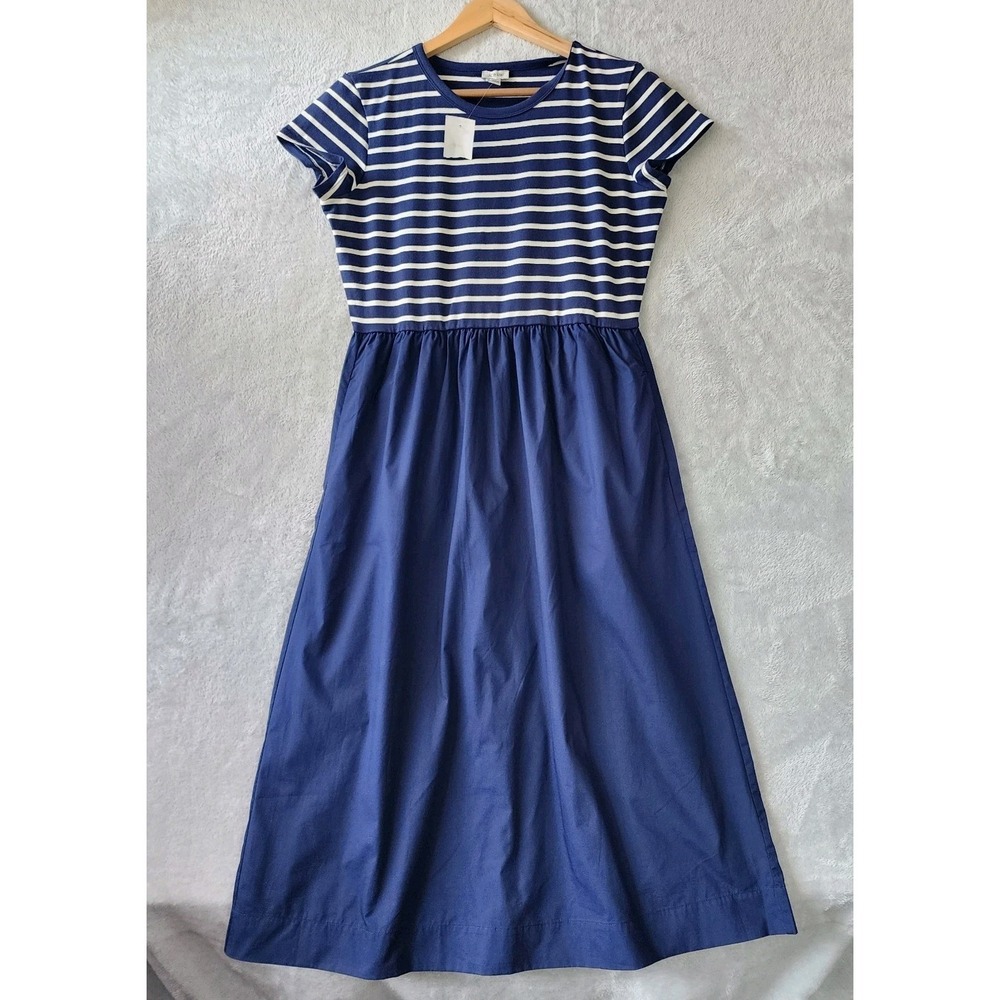 J.Crew Dress Womens Size Medium Petite Navy Blue Knit Top Poplin Skirt Pocket PM